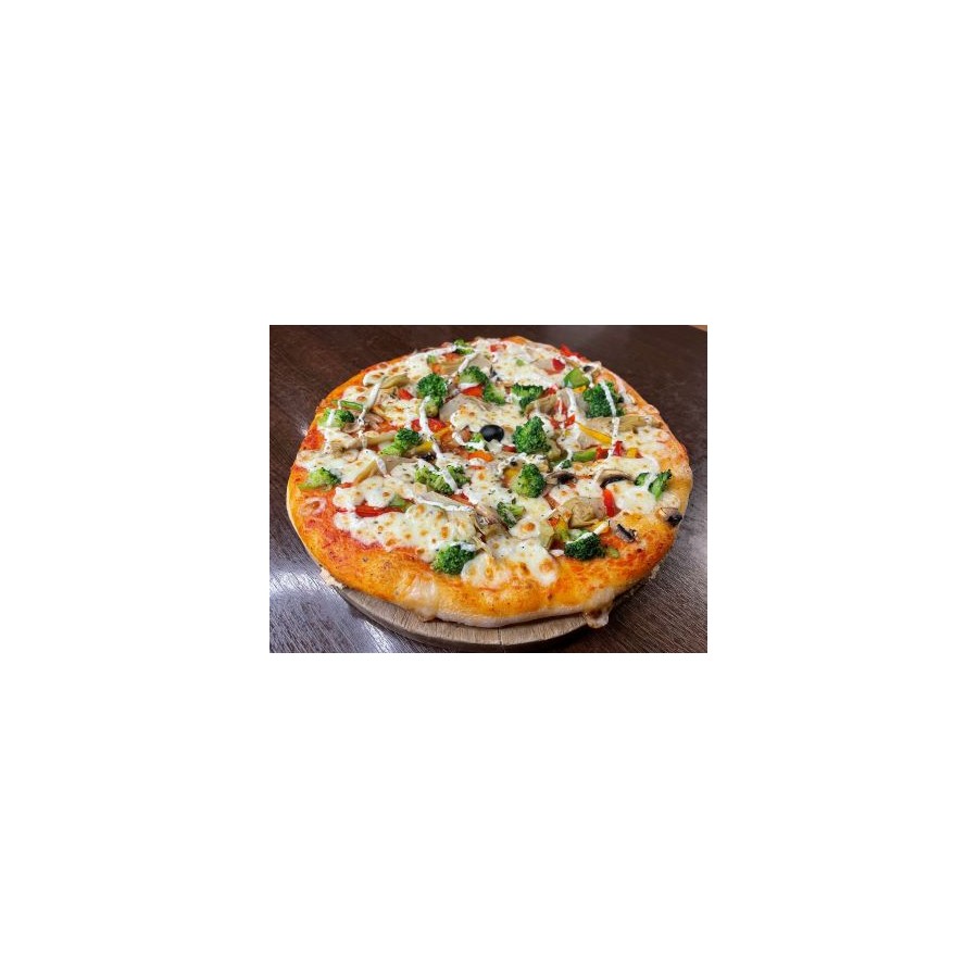 Pizza Végétarienne 1. Tomate, Mozzarella, Brocoli, Artichaut, Champignons, Poivrons, Crème
